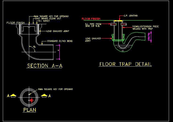 Floor Trap CAD- Plan, Elevation, & Plumbing Details DWG